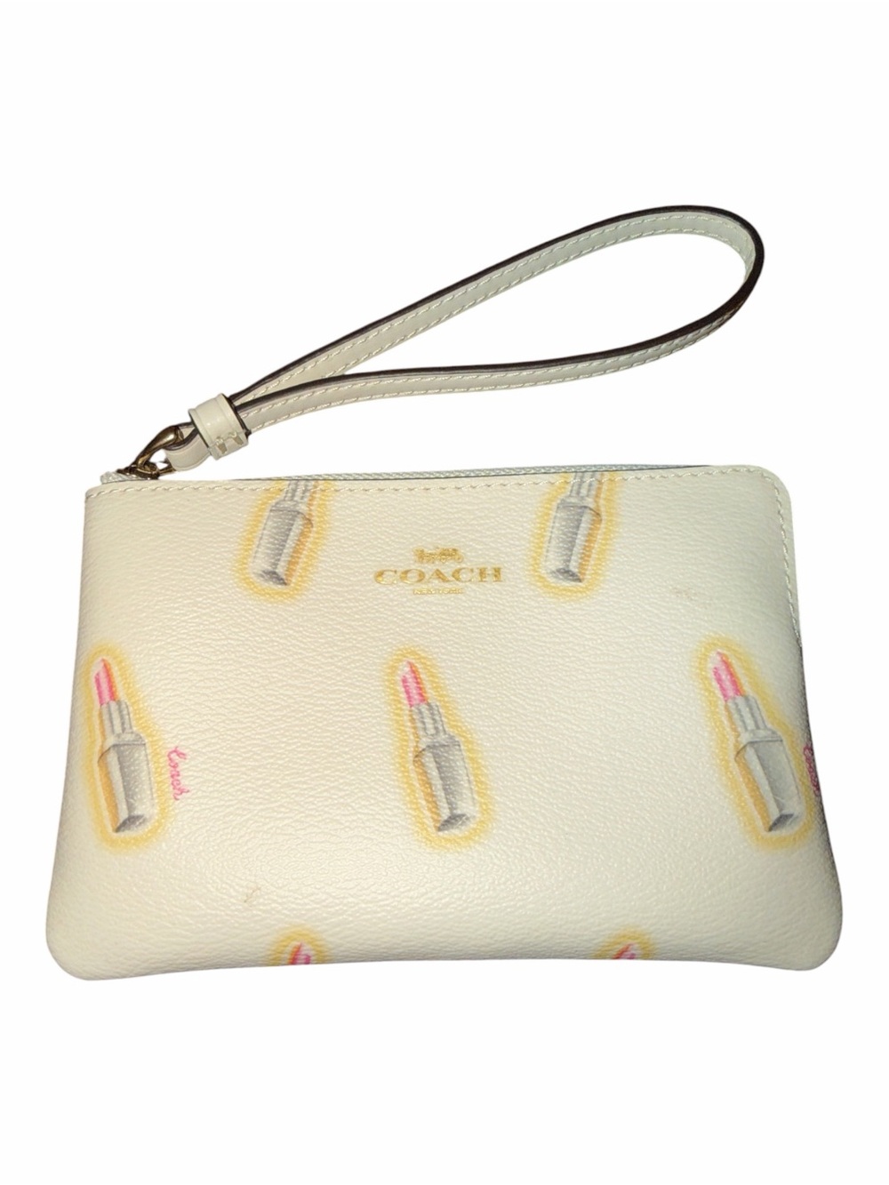 Coach Chalk White Crossgrain Leather Lipstick Print Corner Zip Wristlet